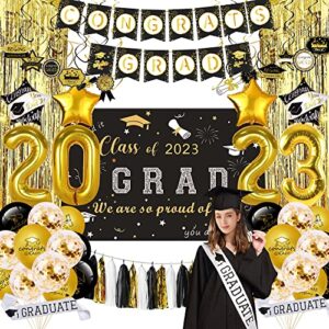 naiwoxi graduation decorations class of 2023, graduation party decorations include congrats grad banner, hanging swirl, graduation backdrop, sash, balloon, foil curtain, tassel for grad party supplies