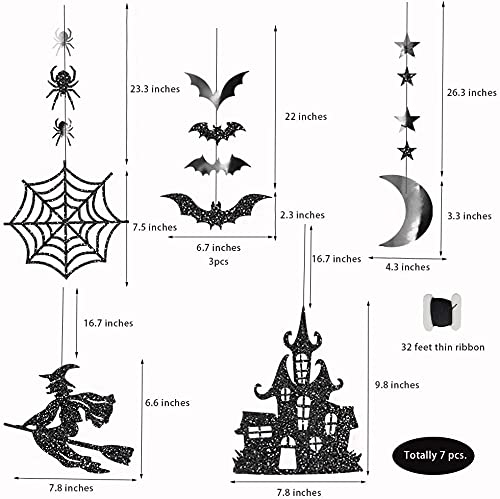Glitter Black Halloween Party Decorations Gothic Birthday Garlands Hanging Witch Bat Spider Haunted House Star Moon Decor Streamers Backdrop Birthday Baby Shower Home Office Classroom Decor