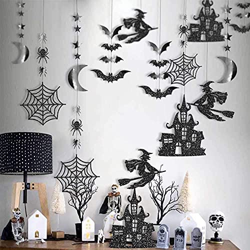 Glitter Black Halloween Party Decorations Gothic Birthday Garlands Hanging Witch Bat Spider Haunted House Star Moon Decor Streamers Backdrop Birthday Baby Shower Home Office Classroom Decor