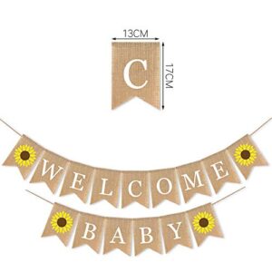 SWYOUN Burlap Welcome Baby Banner with Sunflower Baby Shower Supplies Garland Decoration