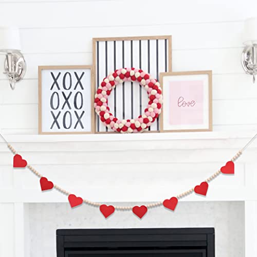 Valentine's Day Wood Bead Garland for Fireplace Mantel - Red Felt Hearts Love Decor Banner Natural Boho Modern Farmhouse Beaded Wall Hanging, Engagement Banner Photo Backdrop