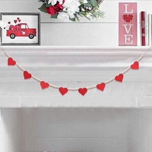 Valentine's Day Wood Bead Garland for Fireplace Mantel - Red Felt Hearts Love Decor Banner Natural Boho Modern Farmhouse Beaded Wall Hanging, Engagement Banner Photo Backdrop