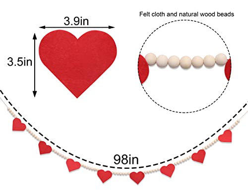 Valentine's Day Wood Bead Garland for Fireplace Mantel - Red Felt Hearts Love Decor Banner Natural Boho Modern Farmhouse Beaded Wall Hanging, Engagement Banner Photo Backdrop