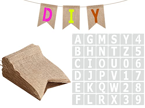 DIY Burlap Banner Kit with Letters, 48 Pcs Burlap Banner 30ft Swallowtail Flag with 36 Letter Number Stencil Customized Banner Kit for Birthday Wedding Holidays Party Decorations