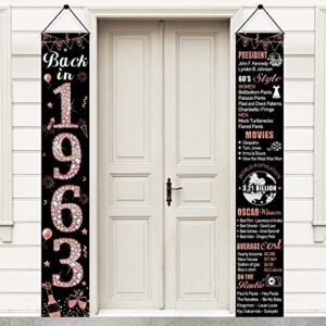rose gold 60th birthday door banner decorations for women, back in 1963 happy 60th birthday porch sign party supplies, sixty year old birthday backdrop decor for outdoor indoor