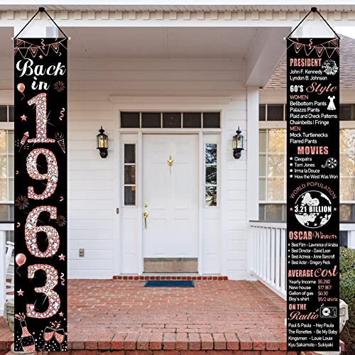 Rose Gold 60th Birthday Door Banner Decorations for Women, Back in 1963 Happy 60th Birthday Porch Sign Party Supplies, Sixty Year Old Birthday Backdrop Decor for Outdoor Indoor