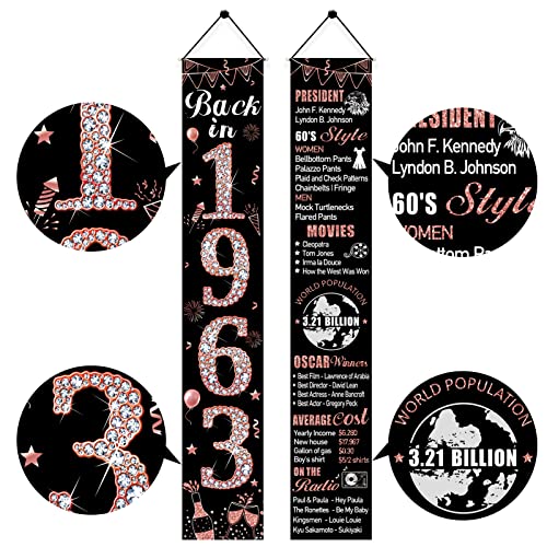 Rose Gold 60th Birthday Door Banner Decorations for Women, Back in 1963 Happy 60th Birthday Porch Sign Party Supplies, Sixty Year Old Birthday Backdrop Decor for Outdoor Indoor