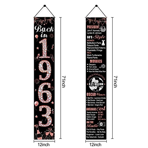 Rose Gold 60th Birthday Door Banner Decorations for Women, Back in 1963 Happy 60th Birthday Porch Sign Party Supplies, Sixty Year Old Birthday Backdrop Decor for Outdoor Indoor