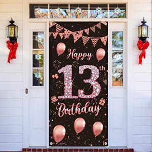 lnlofen 13th birthday door banner decorations for girls, large 13 year old birthday party door cover backdrop supplies, rose gold happy 13th birthday poster sign