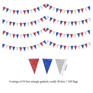 Decor365 Red Blue Silver/White National Day Patriotic Triangle Flag Banner Fourth/4th of July USA American Independence Day Celebration Party Garland Hanging Decoration for Birthday/Baby Shower