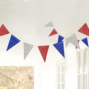 Decor365 Red Blue Silver/White National Day Patriotic Triangle Flag Banner Fourth/4th of July USA American Independence Day Celebration Party Garland Hanging Decoration for Birthday/Baby Shower