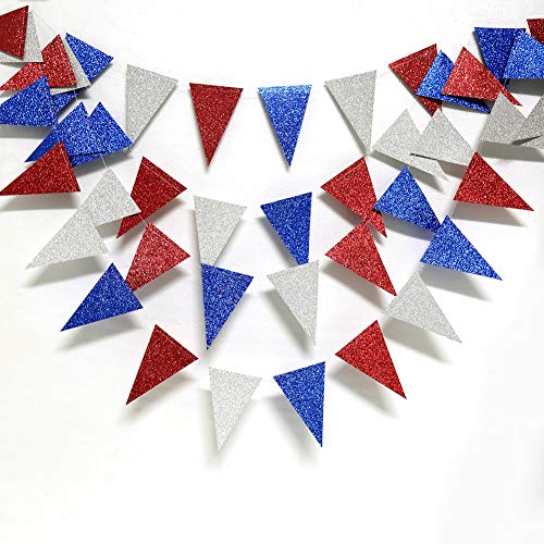 Decor365 Red Blue Silver/White National Day Patriotic Triangle Flag Banner Fourth/4th of July USA American Independence Day Celebration Party Garland Hanging Decoration for Birthday/Baby Shower