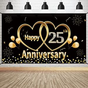 happy 25th anniversary banner backdrop decorations – large 25 year wedding anniversary party supplies décor – black gold 25 anniversary poster sign for outdoor indoor