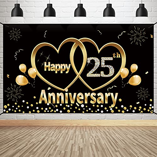 Happy 25th Anniversary Banner Backdrop Decorations - Large 25 Year Wedding Anniversary Party Supplies Décor - Black Gold 25 Anniversary Poster Sign for Outdoor Indoor