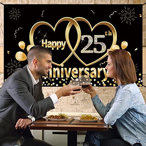 Happy 25th Anniversary Banner Backdrop Decorations - Large 25 Year Wedding Anniversary Party Supplies Décor - Black Gold 25 Anniversary Poster Sign for Outdoor Indoor