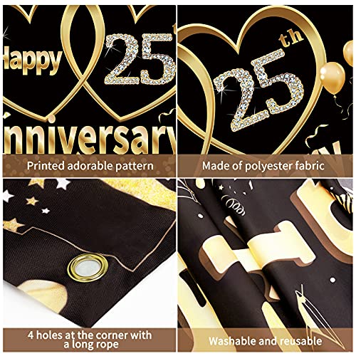 Happy 25th Anniversary Banner Backdrop Decorations - Large 25 Year Wedding Anniversary Party Supplies Décor - Black Gold 25 Anniversary Poster Sign for Outdoor Indoor