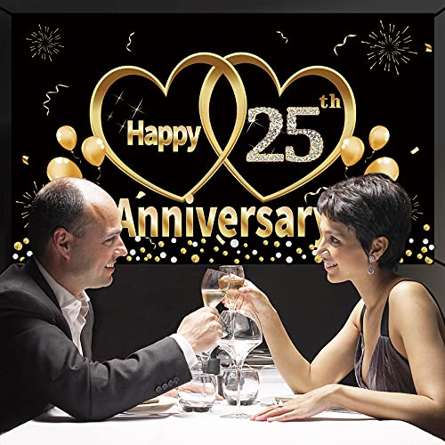 Happy 25th Anniversary Banner Backdrop Decorations - Large 25 Year Wedding Anniversary Party Supplies Décor - Black Gold 25 Anniversary Poster Sign for Outdoor Indoor