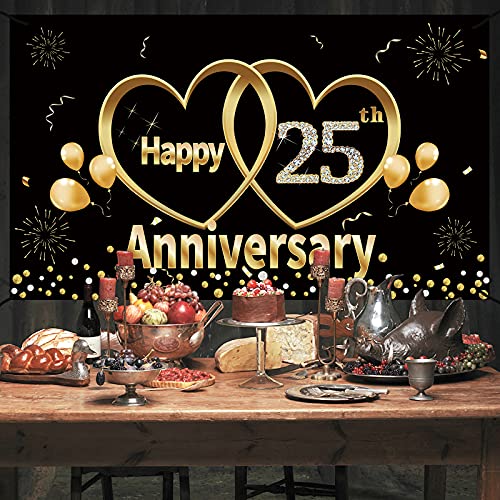 Happy 25th Anniversary Banner Backdrop Decorations - Large 25 Year Wedding Anniversary Party Supplies Décor - Black Gold 25 Anniversary Poster Sign for Outdoor Indoor