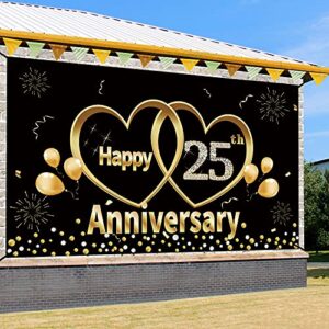 Happy 25th Anniversary Banner Backdrop Decorations - Large 25 Year Wedding Anniversary Party Supplies Décor - Black Gold 25 Anniversary Poster Sign for Outdoor Indoor