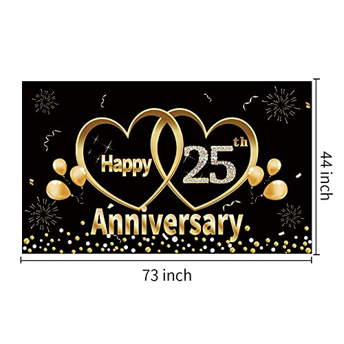 Happy 25th Anniversary Banner Backdrop Decorations - Large 25 Year Wedding Anniversary Party Supplies Décor - Black Gold 25 Anniversary Poster Sign for Outdoor Indoor