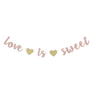 rose gold love is sweet banner for wedding bridal shower engagement party sign backdrops with two paper hearts