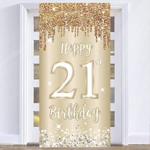 happy 21st birthday door banner decorations for her, gold white 21 birthday door cover sign party supplies, 21 year old birthday photo booth background decor for women