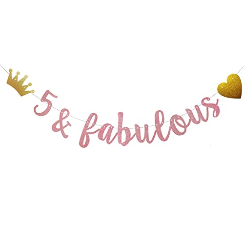 5 & Fabulous Banner, Pre-Strung, No Assembly Required, Funny Rose Gold Paper Glitter Party Decorations for 5th Birthday Party Supplies, Letters Rose Gold,ABCpartyland