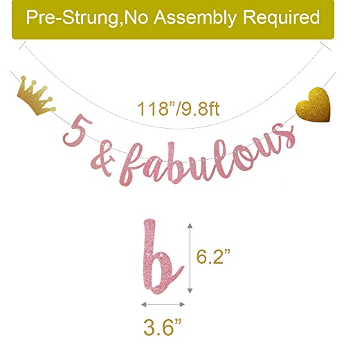 5 & Fabulous Banner, Pre-Strung, No Assembly Required, Funny Rose Gold Paper Glitter Party Decorations for 5th Birthday Party Supplies, Letters Rose Gold,ABCpartyland