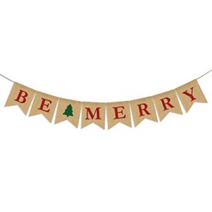 partyprops be merry burlap banner | christmas burlap banner | christmas tree garland | holiday bunting | home garden indoor outdoor banner | natural burlap banner | christmas decor decorations