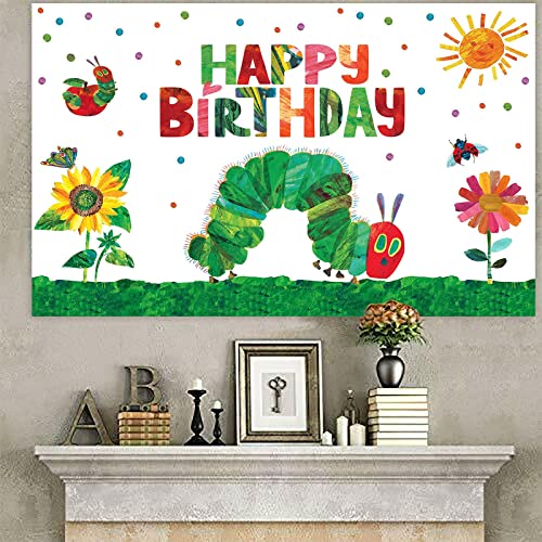 Cartoon Very Hungry Little Green Caterpillar Happy Birthday Banner Kid Reading Story Insects Theme Decor Decorations for 1st Birthday Party Baby Shower Supplies Backdrop Photo Studio Booth Props