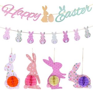 happy easter bunny paper banner easter bunny pattern sign, bunnny honeycomb ball hanging ornament, perfect for spring easter party decoration supplies easter home indoor hanging decor