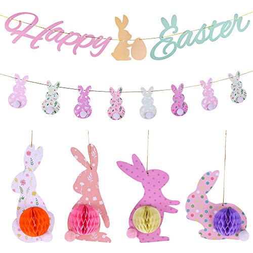 Happy Easter Bunny Paper Banner Easter Bunny Pattern Sign, Bunnny Honeycomb Ball Hanging Ornament, Perfect for Spring Easter Party Decoration Supplies Easter Home Indoor Hanging Decor