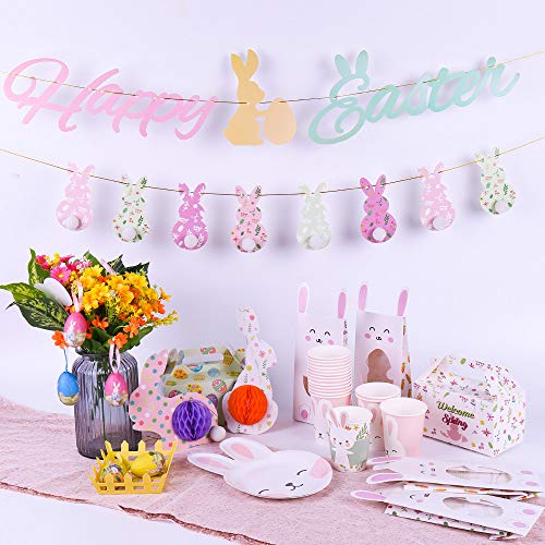 Happy Easter Bunny Paper Banner Easter Bunny Pattern Sign, Bunnny Honeycomb Ball Hanging Ornament, Perfect for Spring Easter Party Decoration Supplies Easter Home Indoor Hanging Decor