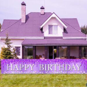 purple silver happy birthday banner decorations for women girls, happy birthday yard banner sign party supplies, 16th 21st 30th 40th 50th 60th bday decor for outdoor indoor
