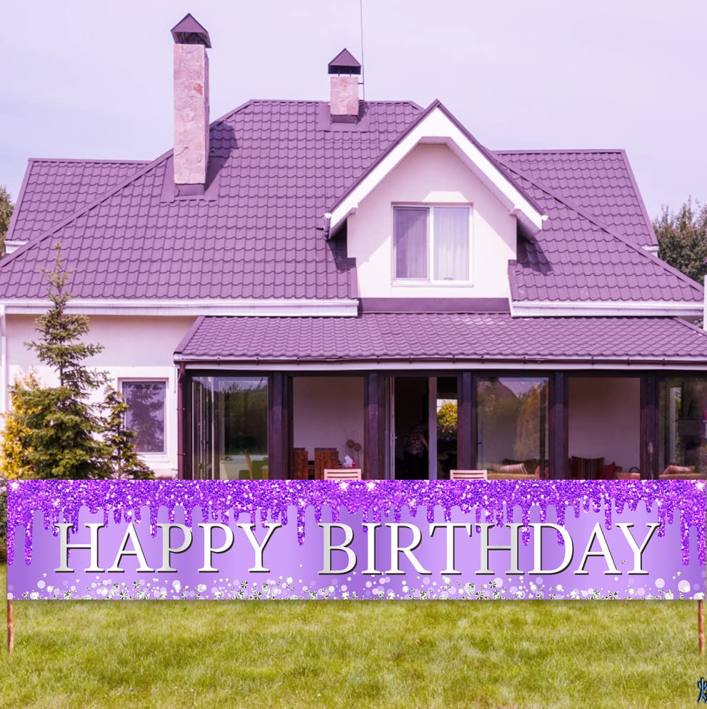 Purple Silver Happy Birthday Banner Decorations for Women Girls, Happy Birthday Yard Banner Sign Party Supplies, 16th 21st 30th 40th 50th 60th Bday Decor for Outdoor Indoor