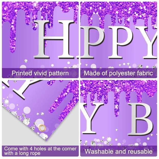 Purple Silver Happy Birthday Banner Decorations for Women Girls, Happy Birthday Yard Banner Sign Party Supplies, 16th 21st 30th 40th 50th 60th Bday Decor for Outdoor Indoor