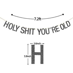 Black Glitter Holy Shit You're Old Banner - Funny 30th 40th 50th 60th 70th 80th 90th Birthday Party Decorations