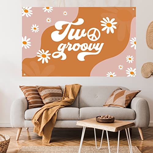 DARUNAXY Two Groovy Retro Hippie Boho Banner, 2nd Birthday Party Decoration 2 Year Old Birthday Party Supplies, Daisy Flower Groovy Backdrop for Baby Girls Hippie Theme Birthday Photography Background