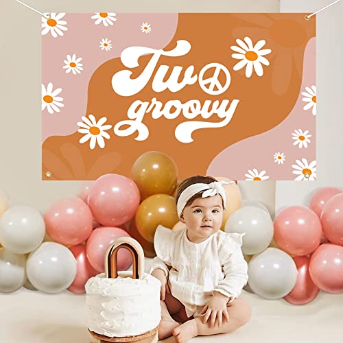 DARUNAXY Two Groovy Retro Hippie Boho Banner, 2nd Birthday Party Decoration 2 Year Old Birthday Party Supplies, Daisy Flower Groovy Backdrop for Baby Girls Hippie Theme Birthday Photography Background