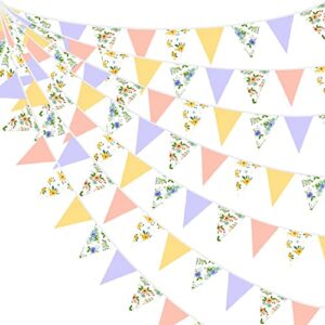 32ft pink purple yellow printed flowers flora pennant banner fabric triangle flag bunting garland for easter day spring summer decor birthday party wedding home outdoor garden hanging decoration