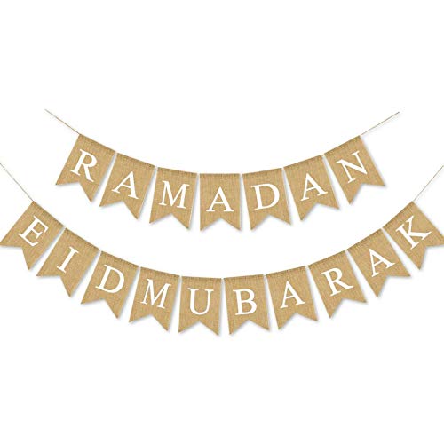 SWYOUN Burlap Ramadan Eid Mubarak Banner Supplies Muslim Fireplace Mantel Decoration