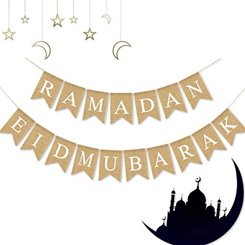 SWYOUN Burlap Ramadan Eid Mubarak Banner Supplies Muslim Fireplace Mantel Decoration