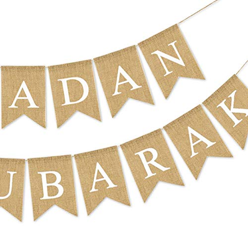 SWYOUN Burlap Ramadan Eid Mubarak Banner Supplies Muslim Fireplace Mantel Decoration