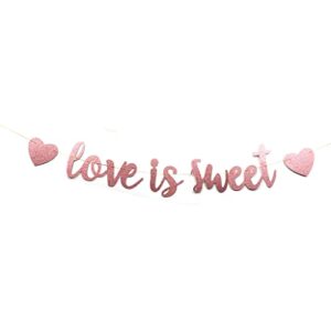 rose gold love is sweet banner for wedding bridal shower engagement party sign backdrops with two paper hearts pre-strung (rose gold)