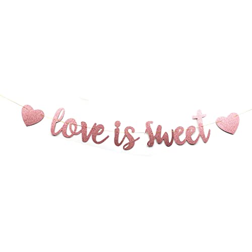 Rose Gold Love is Sweet Banner for Wedding Bridal Shower Engagement Party Sign Backdrops with Two Paper Hearts Pre-Strung (Rose Gold)