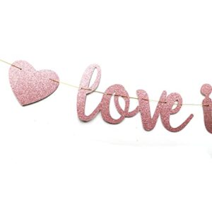 Rose Gold Love is Sweet Banner for Wedding Bridal Shower Engagement Party Sign Backdrops with Two Paper Hearts Pre-Strung (Rose Gold)