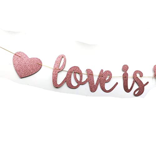 Rose Gold Love is Sweet Banner for Wedding Bridal Shower Engagement Party Sign Backdrops with Two Paper Hearts Pre-Strung (Rose Gold)