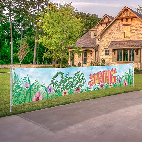 Probsin Hello Spring Banner Decorations Large Outdoor Happy Holiday Yard Sign Seasonal Party Supplies 120" x 20" Welcome Backdrop Nature Floral Flowers Home Decor Vivid Colors Vibrant Fabric Polyester with Brass Grommets for Outside Indoor Garden Fence Ga