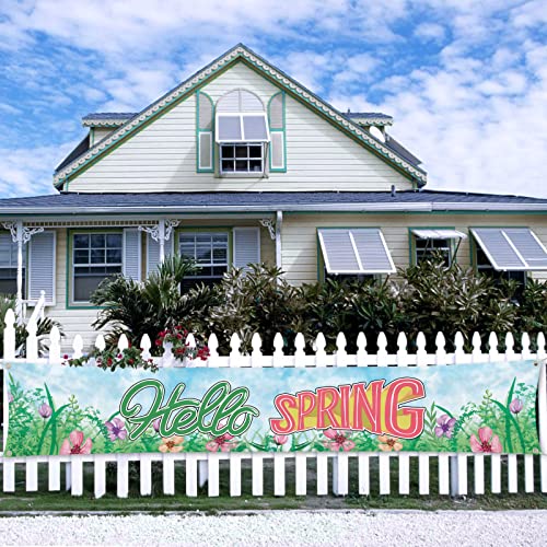 Probsin Hello Spring Banner Decorations Large Outdoor Happy Holiday Yard Sign Seasonal Party Supplies 120" x 20" Welcome Backdrop Nature Floral Flowers Home Decor Vivid Colors Vibrant Fabric Polyester with Brass Grommets for Outside Indoor Garden Fence Ga