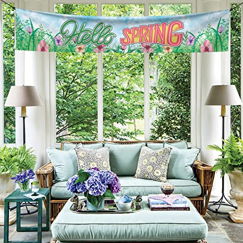 Probsin Hello Spring Banner Decorations Large Outdoor Happy Holiday Yard Sign Seasonal Party Supplies 120" x 20" Welcome Backdrop Nature Floral Flowers Home Decor Vivid Colors Vibrant Fabric Polyester with Brass Grommets for Outside Indoor Garden Fence Ga